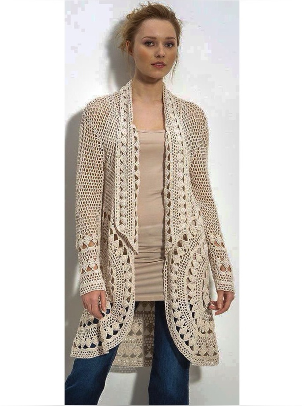 Chicos Size 1 / Medium Beige Longline Open Front Crochet Cardigan Scalloped Trim